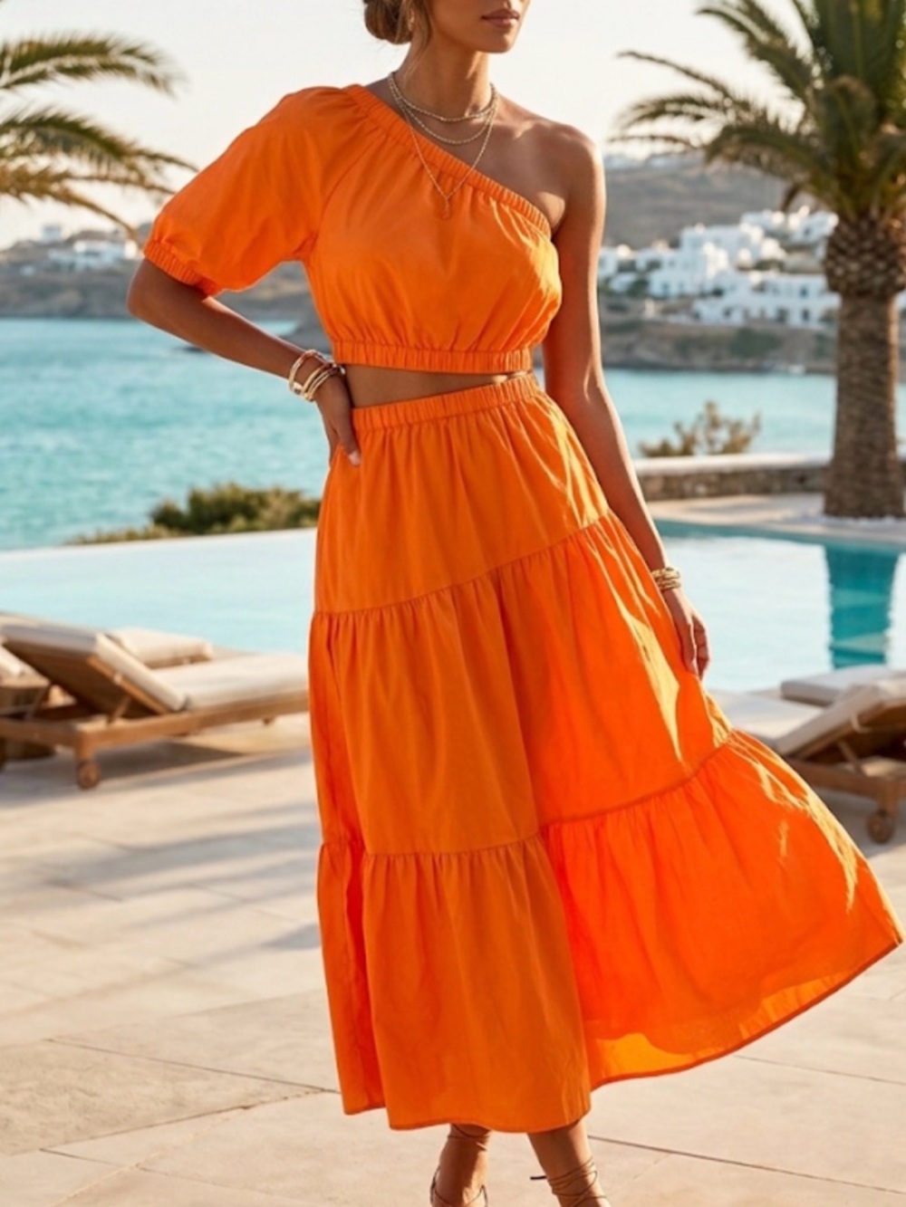 Steve Madden One-Shoulder Orange Tiered Maxi Dress